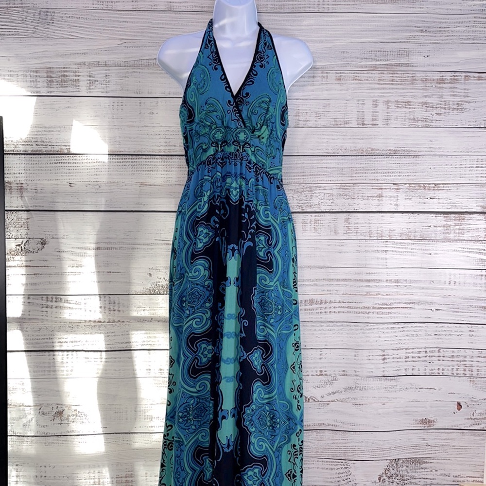Angie Black, Blue & Teal Halter Maxi Dress | Small